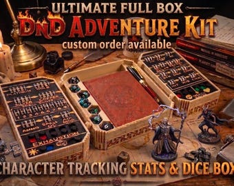 Boîte à dés D&D personnalisée et suivi des statistiques de personnage | Kit d'aventure ultime | Cadeau de jeu de rôle sur table personnalisé | Logo personnalisé
