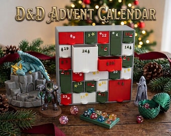 Calendrier de l'Avent D&D, 12 ou 24 jours de figurines fantastiques, dés et accessoires de jeu de rôle, coffret cadeau réutilisable imprimé en 3D