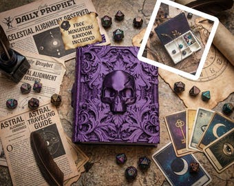 Boîte à dés magnétique Fates End Death Magic Tome, porte-dés en forme de crâne, accessoires de jeu de rôle 3D, figurine GRATUITE incluse