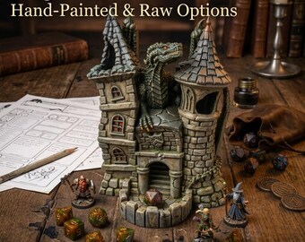 Tour à dés Château du Dragon | Accessoire pour jeu de rôle sur table | Choisissez entre un modèle imprimé en 3D brut ou une finition peinte à la main personnalisée