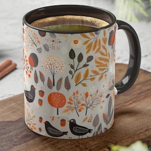 Mid-Century Modern Fall Mug: Trees, Birds, Leaves - Coffee Lover Gift
