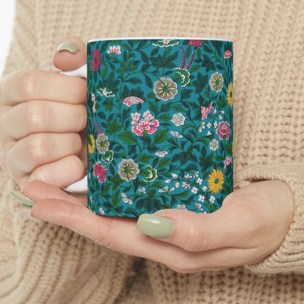 Colorful Floral Mug, Teal Victorian Print Mug, 1900's Arts and Crafts Ceramic Mug 11oz, art nouveau print mug