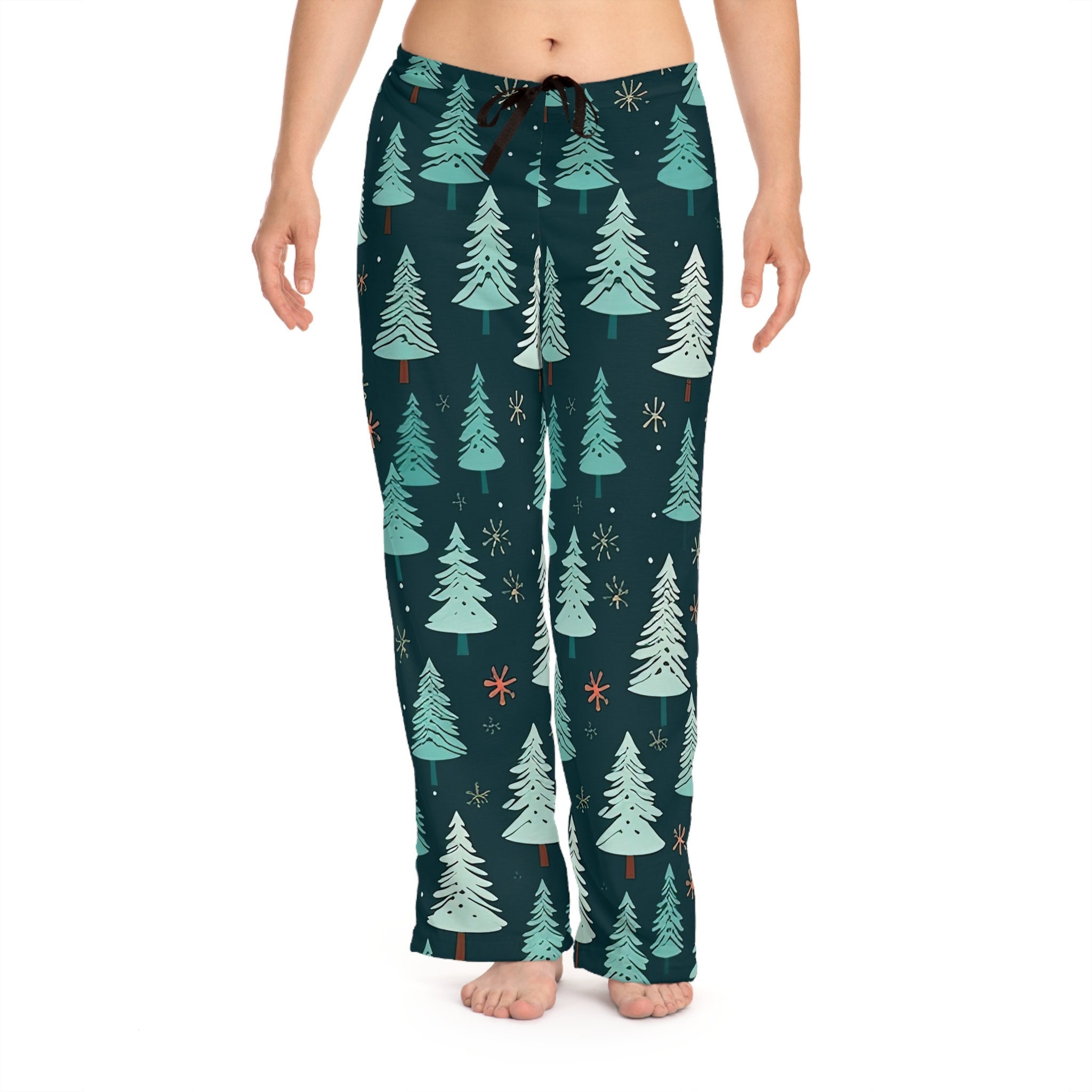 Christmas Trees Pajama Pants, Women's Lounge Bottom, Lighter Trees With  Dark Green Background, All Over Print, Wear All Winter, Comfy Fit 