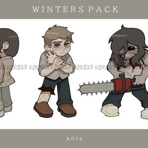 May include: Illustration of five characters from the "Winters Pack" with a zombie theme. The characters are depicted in various poses, some holding objects like a chainsaw and a book. The color palette is muted, with shades of brown, gray, and beige.