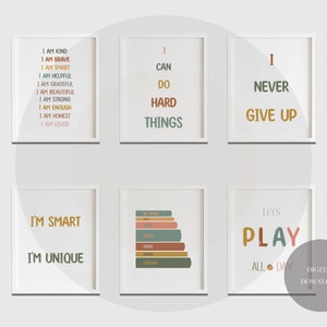 Conjunto de 6 carteles de arte de pared, decoración del aula Montessori, imprimible en casa, decoración neutral para niños, sala de juegos para niños pequeños, DESCARGA DIGITAL