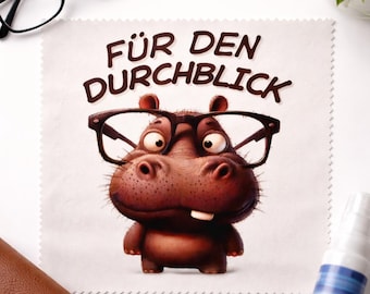Grappig brillenpoetsdoekje "Voor helder zicht" met een nijlpaardmotief – een leuk cadeau voor brildragers – microvezeldoekje voor brillen en scherm.