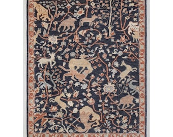 Tappeto persiano da caccia annodato a mano: lana blu navy, raffigurante animali e l'albero della vita (20x25 cm)
