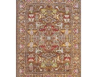 Tappeto Oushak in lana annodato a mano: motivo floreale geometrico marrone caldo (20x25 cm)