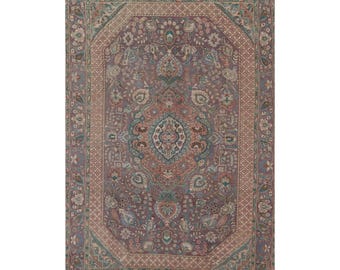 Tappeto Heriz Serapi in lana annodato a mano: medaglione floreale color malva polveroso e verde acqua (20x25 cm)