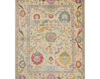 Tappeto Oushak in lana annodato a mano: medaglioni floreali avorio, tappeto tradizionale 8x10