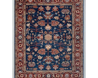 Navy Blue and Burgundy Floral Oushak Traditional 8x10 Hand Knotted Wool Area Rug