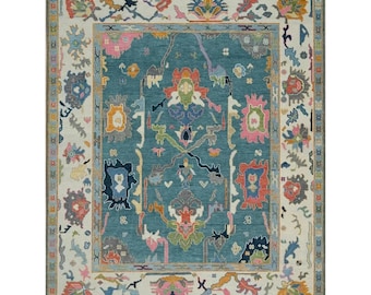 Traditional Oushak Vibrant Multicolour Floral Teal and Ivory Hand Knotted 8x10 Wool Area Rug