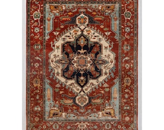 Tappeto Heriz Serapi in lana annodato a mano: medaglione rosso mattone e avorio (20x25 cm)
