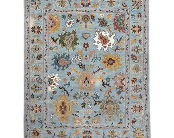 Hand Knotted Vibrant Colorful Oushak Steel Blue Multicolour 8x10 Traditional Floral Wool Area Rug