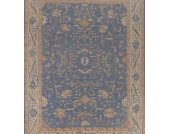 Tappeto Oushak in lana annodato a mano: fantasia floreale blu denim, 8x10, stile antico.