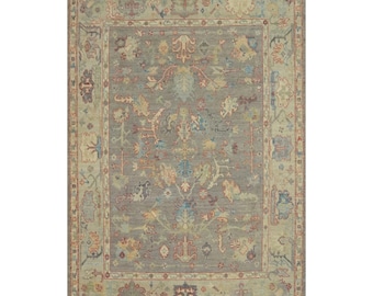 Tappeto turco Oushak in lana, annodato a mano: fantasia floreale beige e grigia (20x25 cm)