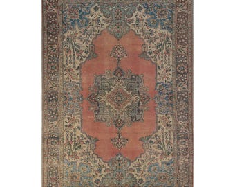 Medallion Floral Heriz Terracotta and Ivory Antique 8x10 Hand Knotted Wool Area Rug