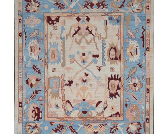 Vintage Look Turkish Oushak Traditional Hand-Knotted Ivory and Blue 8x10 Wool Area Rug