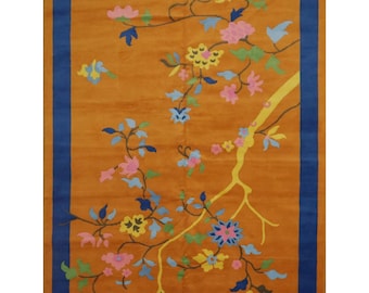 Art Deco Chinese Floral Hand Knotted Wool Silk Rug 8x10 Orange Blue Pink Botanical