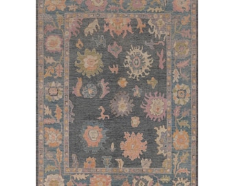 8x10 Vibrant Colorful Charcoal and Blush Oushak Hand Knotted Large Floral Wool Area Rug