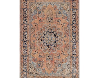 Tappeto Heriz in lana annodato a mano: medaglione floreale color pesca e blu navy (20x25 cm)