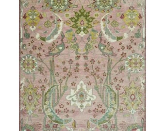 Tappeto in lana annodato a mano con motivo pavone e albero della vita: rosa antico, motivi botanici verdi (20x25 cm)