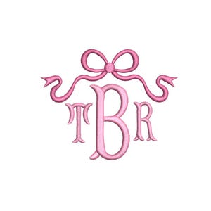 May include: A pink monogram design with the letters TBR, adorned with a bow and ribbon. The letters are in a serif font, set against a white backdrop. The design has an elegant and feminine aesthetic, suitable for various applications.