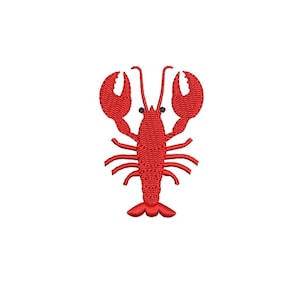 May include: A red embroidered lobster design with detailed claws, legs, and antennae on a white background. This design is suitable for apparel, accessories, or home decor.
