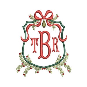 May include: Embroidered Christmas monogram with the letters TBR in red. The design features a red bow, a small green Christmas tree, and green and red holly leaves, all set against a white background.