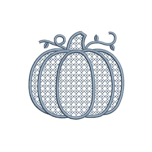 May include: A dusty blue machine embroidery design of a pumpkin featuring a cross-hatched grid pattern within its segments. The pumpkin has a central stem and two curling vines extending from the top, all rendered in a single solid thread color.