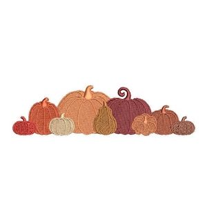 May include: A group of embroidered pumpkins in various shades of orange, red, and brown. The pumpkins are arranged in a row, with the largest pumpkin in the center.