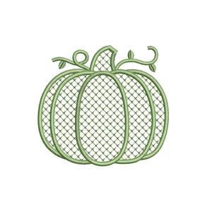 May include: A light green machine embroidery design of a pumpkin featuring a cross-hatched grid pattern within its segments. The pumpkin has a central stem and two curling vines extending from the top, all rendered in a single thread color.