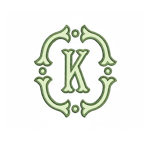 May include: A light green monogram letter "K" within a decorative frame. The frame features curved edges and small circular accents. The design is set against a white background, offering a clean and elegant appearance.