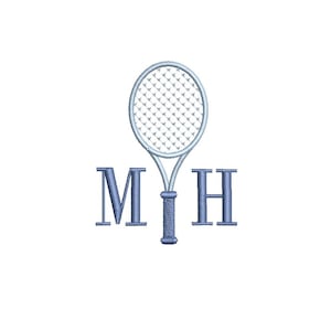 May include: A light blue tennis racket design with the letters "M" and "H" beneath. The racket features a detailed net and a textured handle. The letters are in a simple, sans-serif font.
