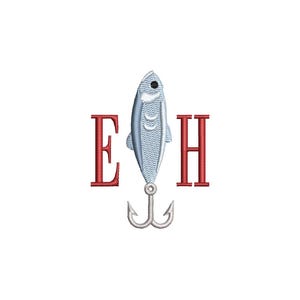 May include: A fishing lure design featuring a stylized silver fish with a black eye and a silver hook. The letters "E" and "H" are in red, flanking the fish. The design is set against a white background.