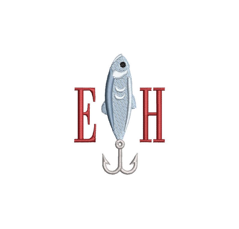May include: A fishing lure design featuring a stylized silver fish with a black eye and a silver hook. The letters "E" and "H" are in red, flanking the fish. The design is set against a white background.