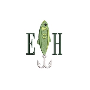 May include: A green fish-shaped fishing lure with a silver hook, and the letters "E" and "H" in dark green. The design is on a white background. The lure has a textured surface and a small black eye.