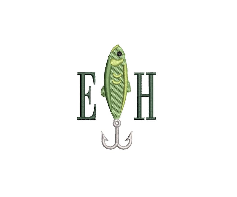May include: A green fish-shaped fishing lure with a silver hook, and the letters "E" and "H" in dark green. The design is on a white background. The lure has a textured surface and a small black eye.