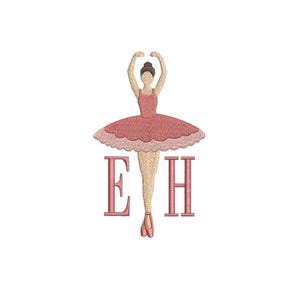 May include: An embroidered design featuring a ballerina in a pink tutu, arms raised above her head. The ballerina's legs are in a ballet pose, with the letters "E" and "H" in pink below. The design is set against a white backdrop.