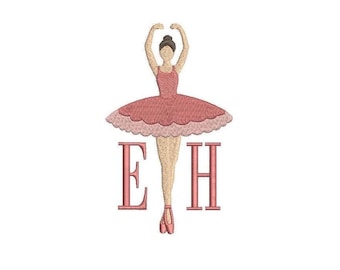 May include: A digitally embroidered design of a ballerina in a pink tutu, arms raised overhead. The ballerina's legs are in a ballet pose, with the letters "E" and "H" in pink below. The design is on a white background.