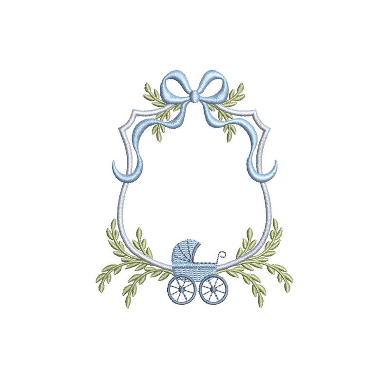 May include: An embroidered design featuring a light blue bow and frame, with a baby carriage at the bottom. The frame is adorned with green leaves, creating a delicate and elegant aesthetic, perfect for baby-themed crafts.