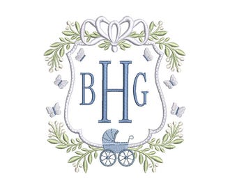 May include: Embroidered design featuring the letters BHG in blue, framed by a white border with a bow at the top. The design includes green leaves, butterflies, and a baby carriage, all on a white background. The overall theme is baby or nursery.