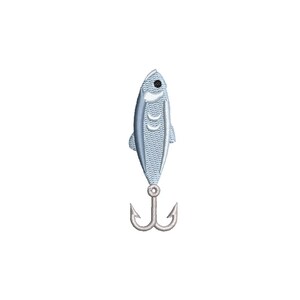 May include: A light blue fish-shaped fishing lure with a silver hook. The lure has a textured surface and a small black eye. The hook is a three-pronged design, suitable for catching fish.