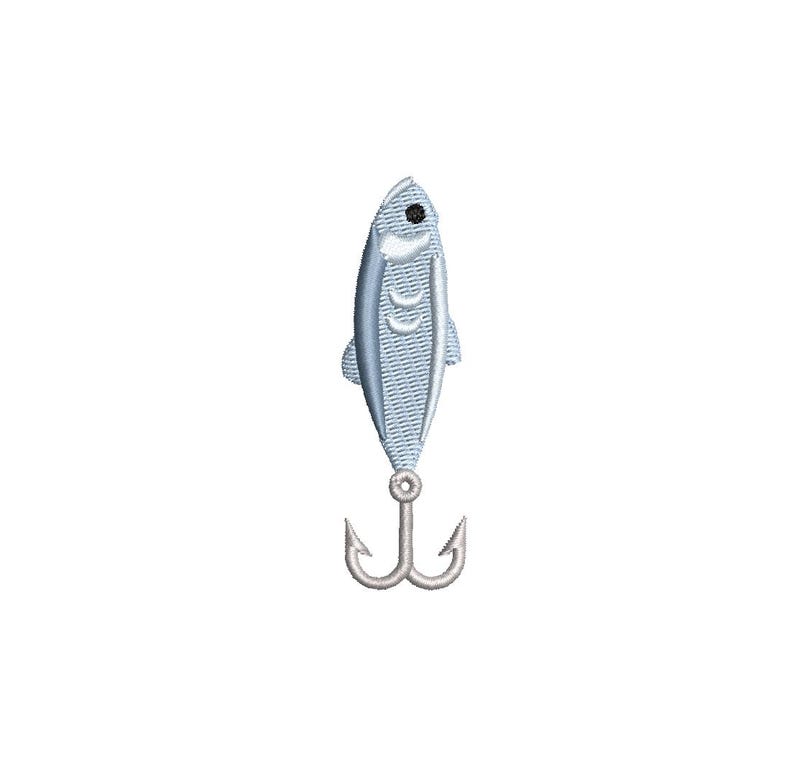 May include: A light blue fish-shaped fishing lure with a silver hook. The lure has a textured surface and a small black eye. The hook is a three-pronged design, suitable for catching fish.