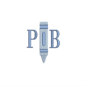 May include: A light blue embroidered design featuring the letters "P", "I", and "B" with a crayon in the center. The crayon is vertically oriented and has a detailed, textured appearance. The background is plain white.
