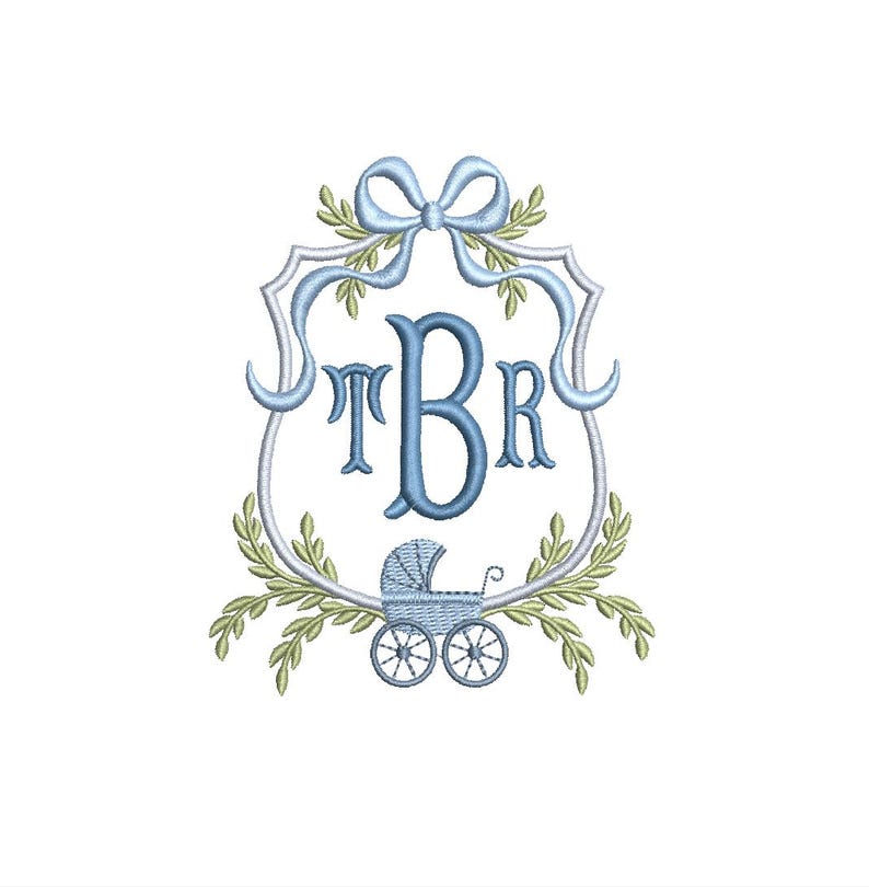 May include: Embroidered baby monogram design featuring the letters TBR in a light blue shield shape, adorned with a bow, laurel leaves, and a baby carriage. The design is set against a white background.
