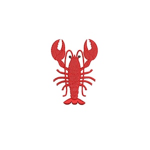Puede incluir: Langosta bordada roja con las garras levantadas, un diseño simple para un parche o una aplicación.