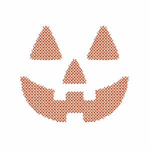 Puede incluir: Un diseño de cara de calabaza de Halloween en color naranja compuesto por un patrón de rejilla entrecruzada. El gráfico presenta dos ojos triangulares, una nariz triangular central y una boca ancha y dentada con dos dientes cuadrados, todo en naranja.
