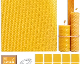 May include: A collection of beeswax candle-making supplies. Includes a large sheet of yellow honeycomb wax, several square wax sheets, white wick, and three yellow honeycomb candles of varying heights. A box of 10 beeswax sheets is also included.