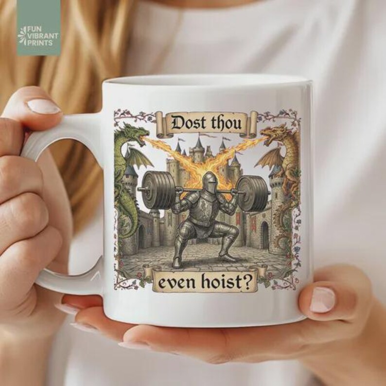 Funny medieval gym coffee mug with knight lifting weights and text “Dost Thou Even Hoist”, fantasy workout humor design on striped background, perfect gift for gym lovers
